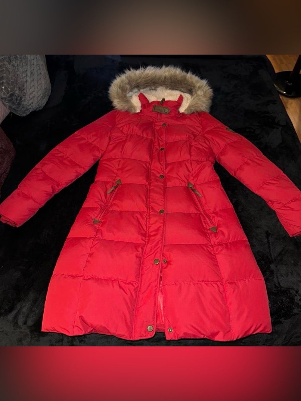 Ralph Lauren Red Long Quilted Puffer Coat with Faux Fur Trim